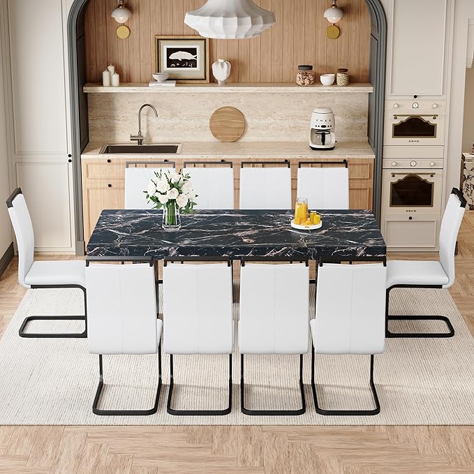 79" Modern Dining Table Set|Marble Dining Table Set with 10 Faux Leather Chairs|Engineered Wood with Marble Pattern Tabletop|Widened and Stable Tablelegs|Easy Assembly