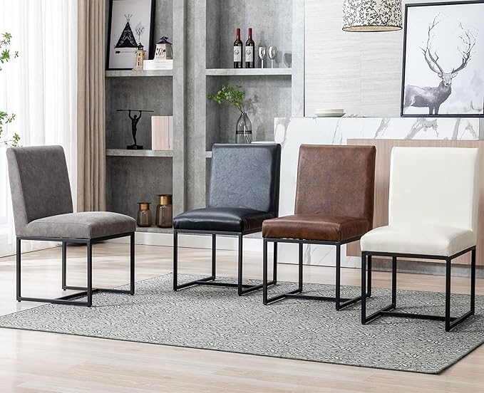 VESCASA Faux Leather Upholstered Dining Chairs with Black Metal Frame, Mid Century Modern Padded Kitchen Chair with Adjustable Foot Pads for Restaurant, Dining Room, Set of 6, Black