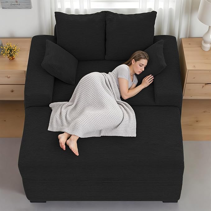 Indoor Chaise Lounge Chair with Storage Ottoman, Modern 60-Inch Lounge Sofa Chair with Wide Armrests & 4 Pillows, Oversized Comfy Reading Lounger for Living Room, Bedroom(Medium-Rib Corduroy Black)