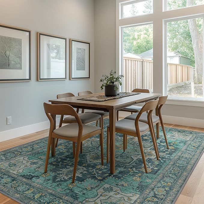 GENIMO 9x12 Area Rugs for Living Room, Machine Washable Non Slip Vintage Rugs, Low Pile Lightweight Chenille Print Rug for Bedroom, Dining Room, Home Office, Dark Green