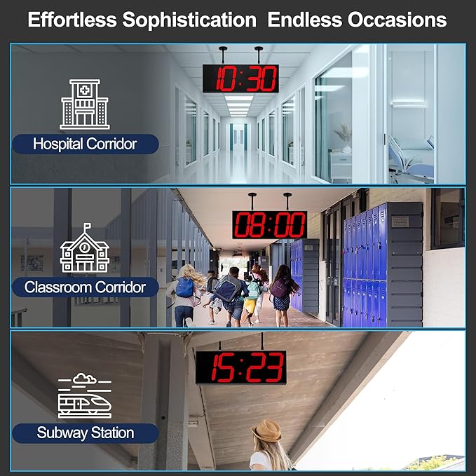 Digital Clock Large Display 19" with Remote Control,Double-Sided Clock, Suspended Design for Hospitals, Factories, Airports.