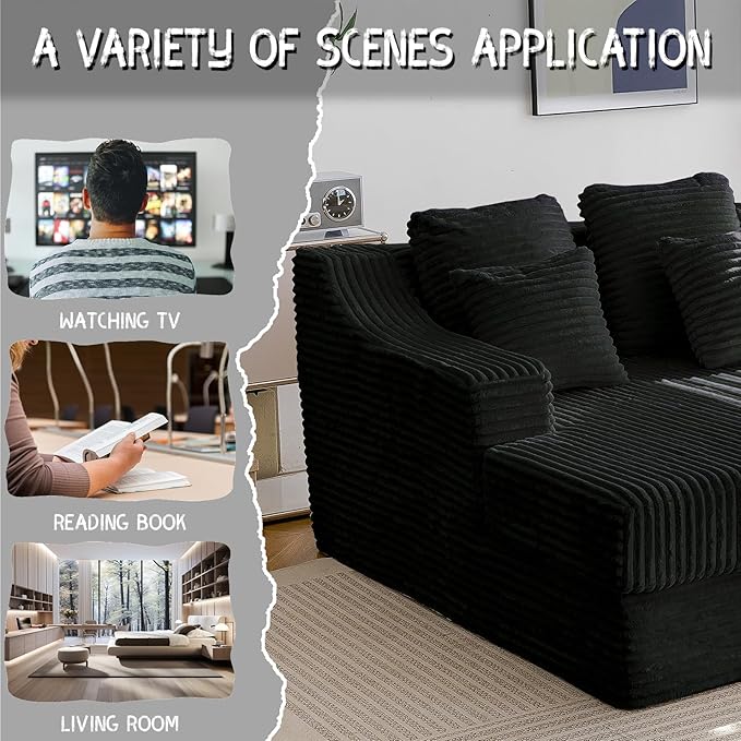 Chaise Lounge Sofa Chair Indoor Cozy Sofa Bed Oversized with Four Pillow Fluffy Upholstered Sleeper Sofa Chair for Living Room Bedroom Office Liesure No Assembly Required(Black)