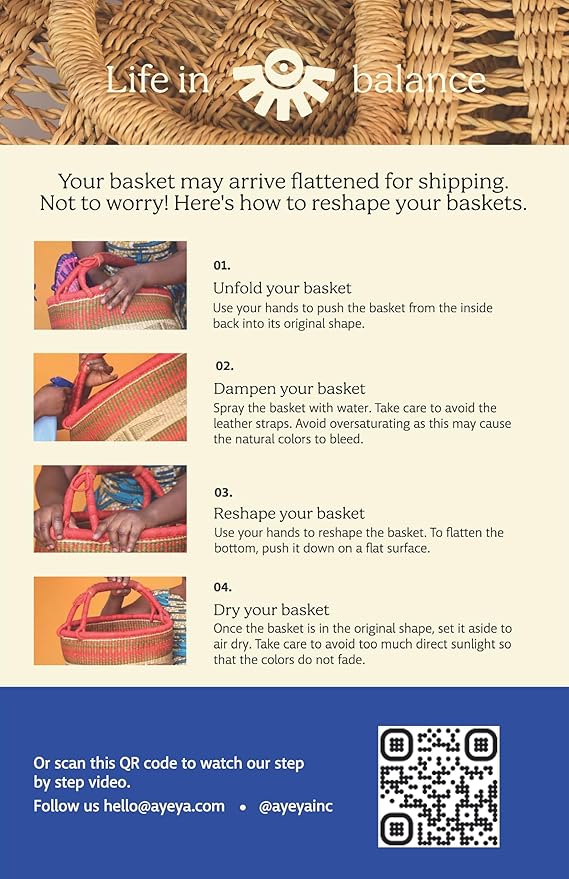 AYÉYA Oval Flat Bottom African Basket – Neutral Tones – Handwoven Wicker Market Basket with Leather Handles – Artisan Tote for Garden, Market, or Storage – Handmade in Ghana