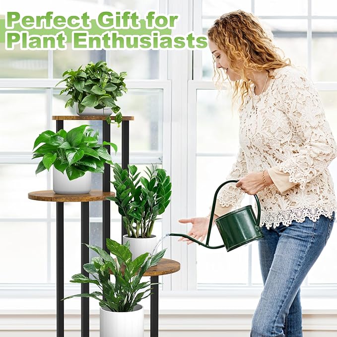 5 Tier Wood Tall Plant Stand Metal Rack Indoor, Multiple Flower Pot Holder Shelves Corner Rack, Round Planter Shelf Display Rack Storage Organizer for Patio Living Room Balcony(Black)