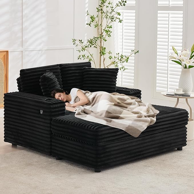 GarveeHome Oversized Chaise Lounge Chair Indoor, 56x60 Inch Comfortable Corduroy Lounge Sofa with Charging Ports & Cup Holders, Cozy Reading Couch for Bedroom Living Room Apartment, Black