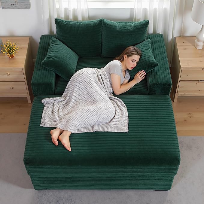 Indoor Chaise Lounge Chair With Storage Ottoman, Modern 60-Inch Lounge Sofa Chair With Wide Armrests & 4 Pillows, Oversized Comfy Reading Lounger For Living Room, Bedroom(Wide-Rib Corduroy Green)