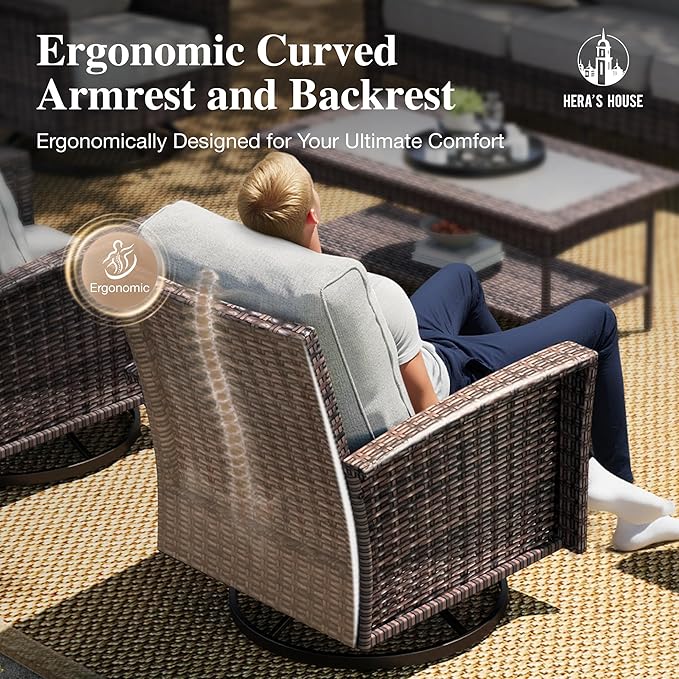 HERA'S HOUSE Patio Furniture Set with Swivel Chairs, High Back Wicker Couch with Ottomans, Outdoor Conversation Sofa Sets with 5.5" Waterproof Cushions for Garden Yard Porch, Grey