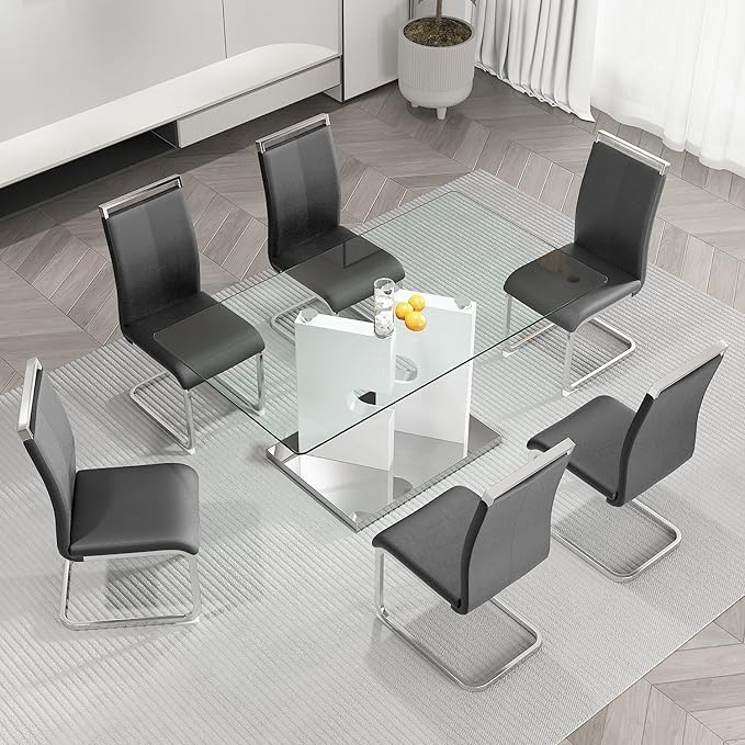 Glass Dining Table Set of 6, 63" Dinner Room Glass Table Set for 6, Modern Kitchen Dinner Table Set with 6 Upholstered Faux Leather Dining Chairs for Living Dining Office Room