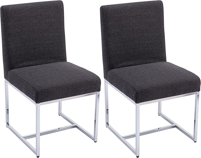VESCASA Linen Upholstered Dining Chairs Set of 2, Mid Century Modern Padded Chair with Chrome Metal Frame for Restaurant, Dining Room, Kitchen, Charcoal