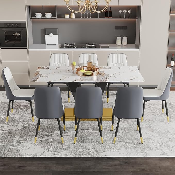 71'' Dining Table Set for 8,Marble Dining Table Set,Modern Kitchen Table with 8 PU Leather Chairs,Gold Dining Room Table Set with V-Shaped Black Glossy Pillars,Ideal for Kitchen Dining Room