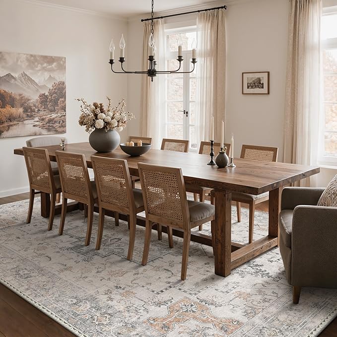 GENIMO 10x13 Area Rugs for Living Room, Non Slip Machine Washable Vintage Rugs, Low Pile Lightweight Chenille Print Large Rug for Bedroom, Dining Room, Home Office, Light Taupe Brown