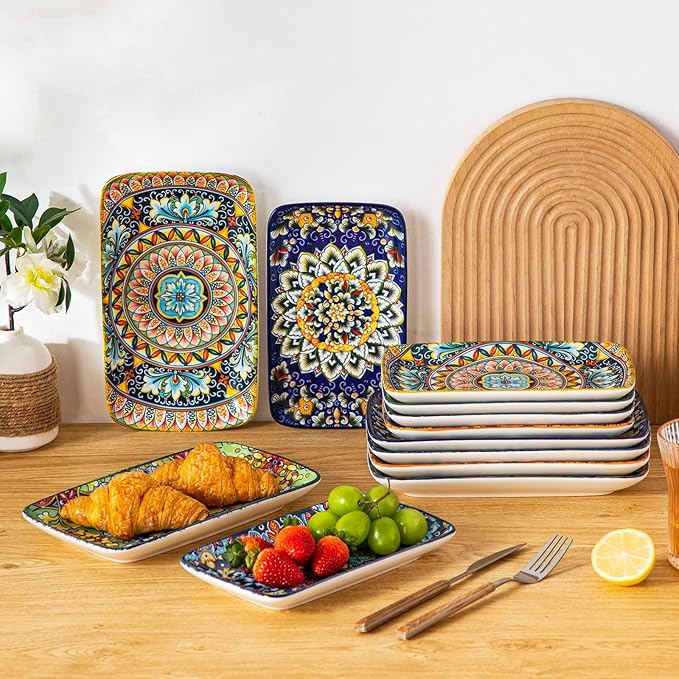 vancasso Simi 9.5 Inch Rectangular Dinner Plates Set of 6 - Bohemian Floral Design in 6 Vibrant Colors, Microwave & Dishwasher Safe Porcelain Plates for Salad, Appetizers, Entertaining
