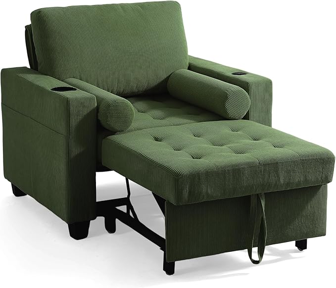 UIXE 3-in-1 Sleeper Sofa Chairs Set of 2, Pull Out Sofa Bed Convertible Reclining Seat Upholstered Armchair, Adjustable Backrest Recliner Chair with Side Pockets, Cup Holder & USB Ports - Green