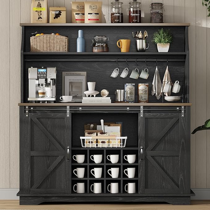 55 Inch Farmhouse Coffee Bar Cabinet with 3-Tier Storage, Kitchen Hutch with 12 Wine Racks & 3 Glass Holders, Coffee Bar with 6 Hooks, Wine Bar Cabinet for Dining Living Room, Black