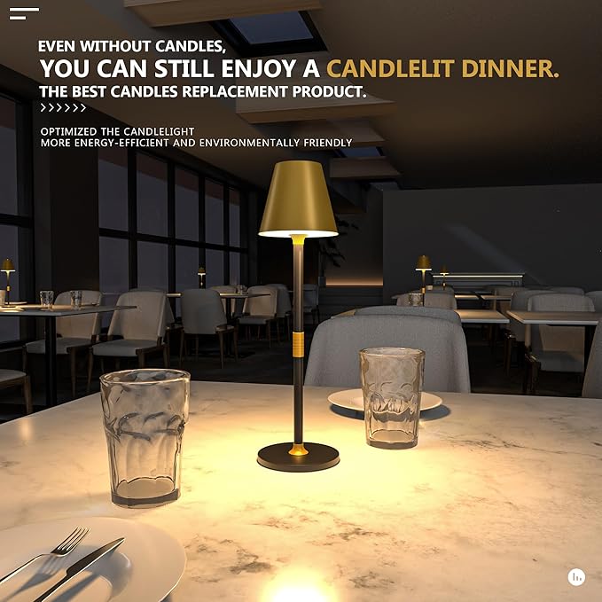 Modern LED CordlessTable Lamp,4000mAh Rechargeable Battery Desk lamp,3 Level Brightness Kitchen Light, Portable,Minimalist Design, for Couple Dinner/Coffee Table/Restaurant/Bedroom(Gold&Black 2pack)