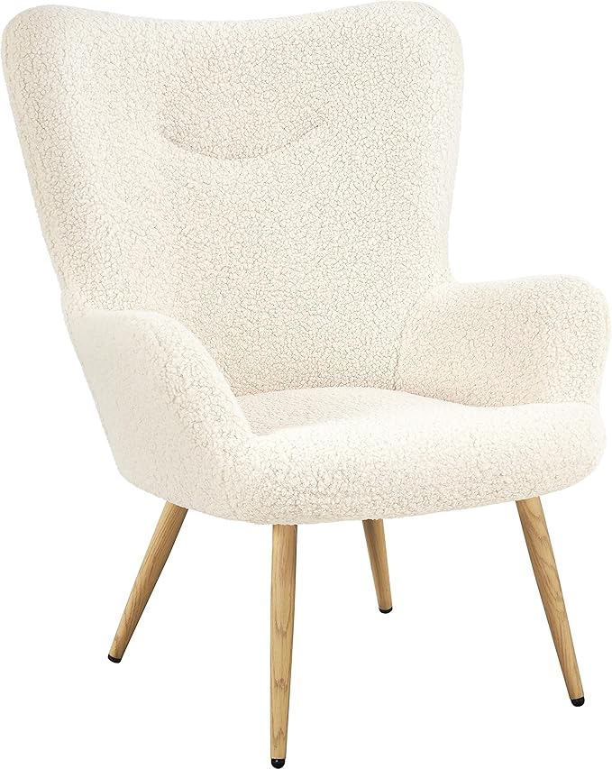 Yaheetech Accent Chair, Modern Boucle Vanity Chair with High Back and Wood-Tone Metal Legs, Sherpa Chair for Living Room, Home Office, Ivory