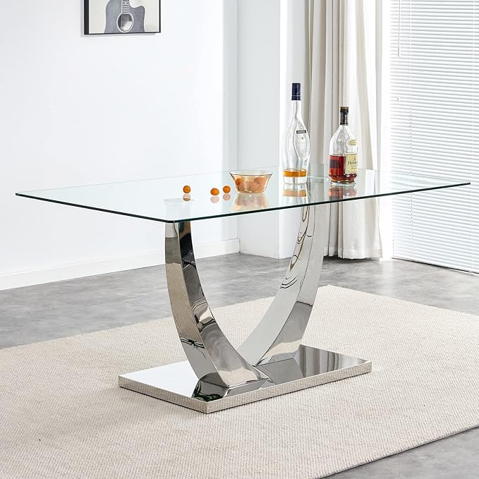 63” Glass Dining Table Set for 6,Modern Dining Room Table Set for 6,Kitchen Table and PU Leather Chairs for 6, Dinner Table with Rectangle Tempered Glass Top and Chrome Silver Base