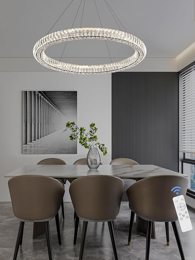 Modern Crystal Chandelier Dimmable LED 39.4" Ring Pendant Light Adjustable Black Round Crystal Chandelier Light Fixtures for Dining Room Living Room