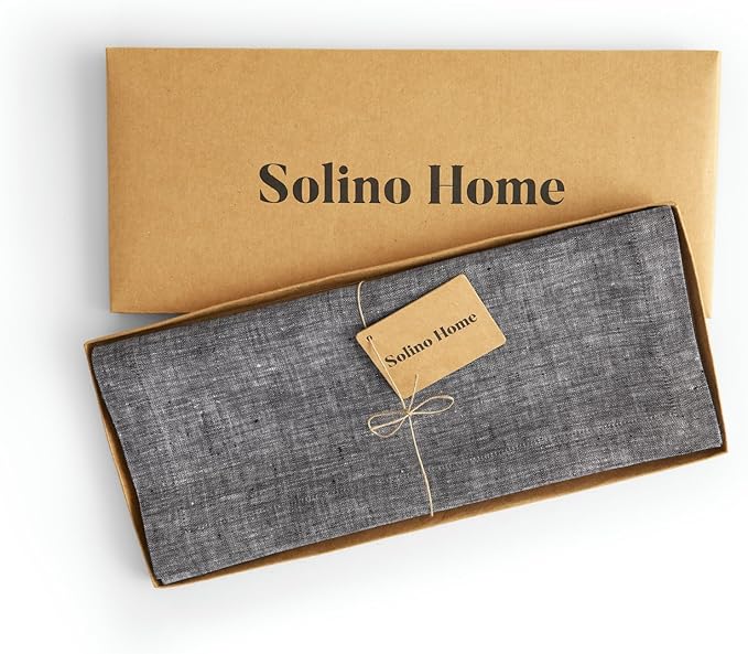 Solino Home Linen Table Runner 144 Inches Long - Athena, 100% Pure Linen Chambray Black Dining Table Runner 14 x 144 Inch for Halloween, Thanksgiving
