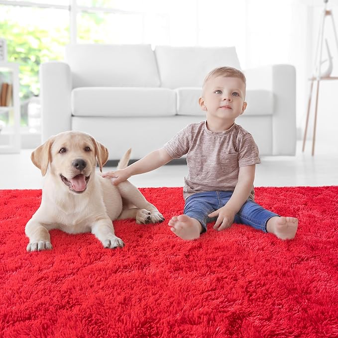5x7 Area Rugs for Living Room, Red Fluffy Shaggy Rug Soft Carpets, Rugs for Bedroom Nursery Kids Room Dorm Home Decor Aesthetic