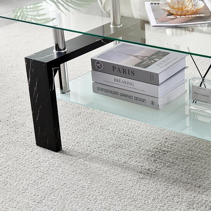 Living Room Rectangle Coffee Table, Tea Table Suitable for Waiting Room, Modern Side Coffee Table with Wooden Leg, Glass Tabletop with Lower Shelf, Black Marble Leg.