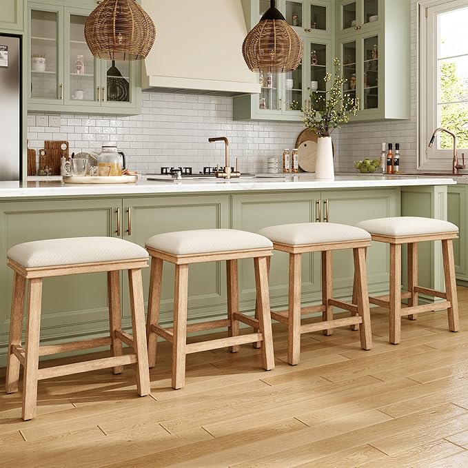 MAISON ARTS Off White Counter Height 24 inch Bar Stool for Kitchen Counter Solid Wood Leg with Faux Leather Padded Seat Farmhouse Barstool for 34"-38" Counter Island Upholstered Stool