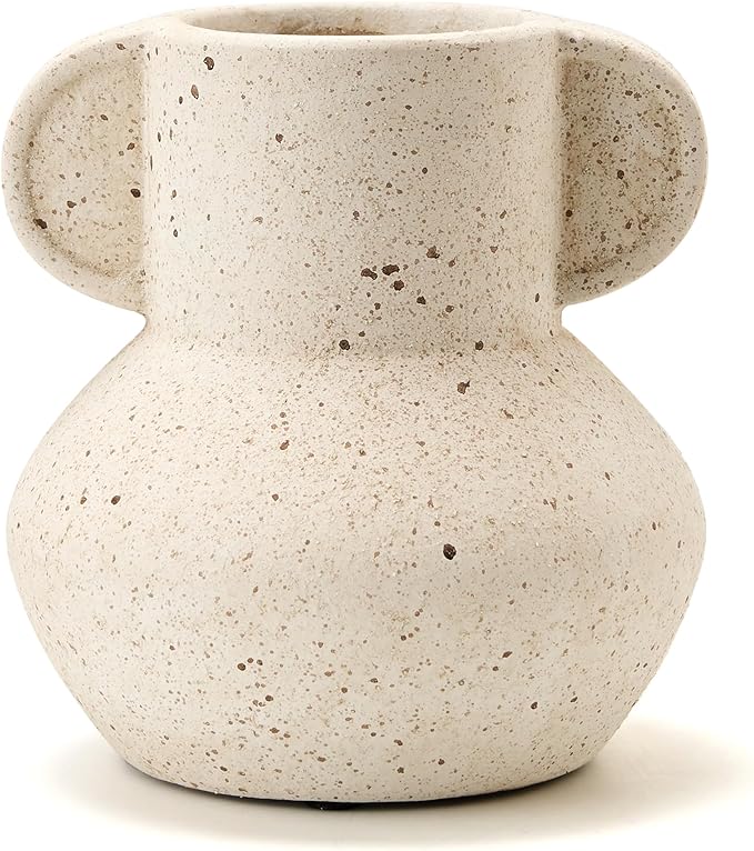 Antique Ceramic Vase with 2 Handles, 6.1 Inch Farmhouse Rustic Vase, Small Decorative Pottery Flower Vases for Home Decor, Wedding, Living Room, Table, Shelf Decor, Speckled White