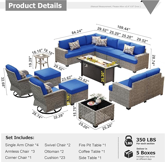 HOOOWOOO Outdoor Sectional Patio Furniture Set with Fire Pit Table,15 Pieces Wicker Conversation Sets L Shaped Couch,Extra Deep Out Door Sofa Outside Furniture with Swivel Chairs Ottomans,Navy Blue