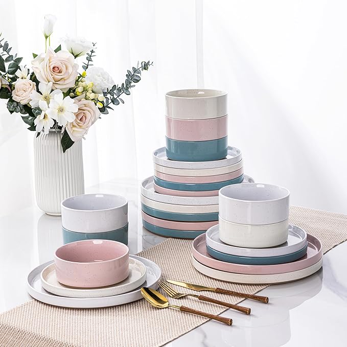 AmorArc Ceramic Dinnerware Set for 8 | Handpainted Stoneware Plates and Bowls with Rustic Terracotta Underside| Scratch Resistant,Dishwasher & Microwave Safe Dishes Sets- 24pcs Colorful