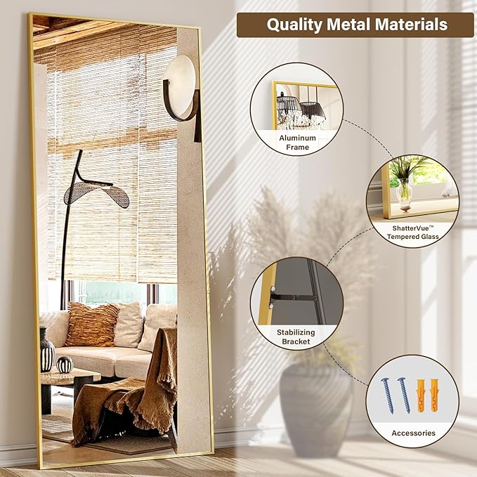 68"x 24" Full Length Mirror with Stand, Large Wall-Mounted or Leaning Floor Mirror with Aluminum Alloy Frame, Rectangular Wall Mirrors for Bedroom, Entryway, and Living Room Decor, Gold
