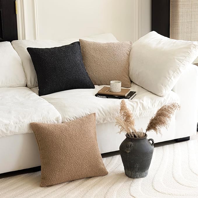 Foindtower Set of 2, Decorative Textured Boucle Throw Pillow Covers Accent Solid Pillow Cases Neutral Soft Cozy Couch Cushion Case for Chair Sofa Bedroom Living Room Home Decor 18 x 18 Inch Black