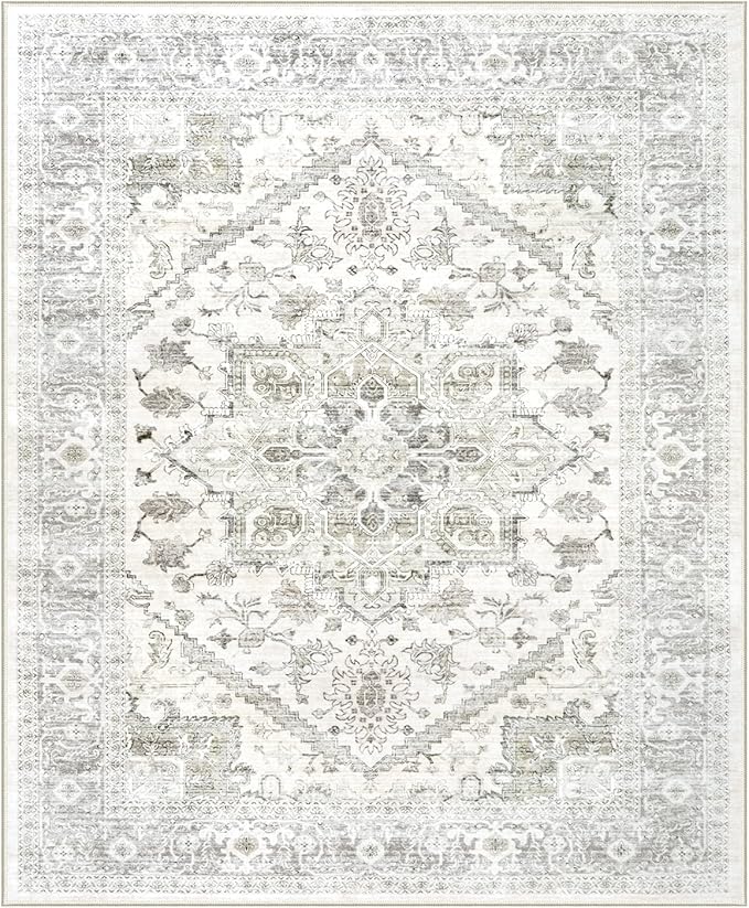 LIVEBOX Washable Area Rug 8x10 - Large Beige Vintage Tribal Living Room Rug Oriental for Bedroom, Non-Slip Retro Medallion Carpet Print Distressed for Dining Room Guest Office