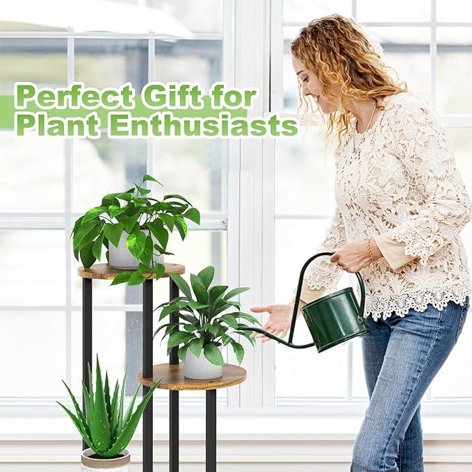 4 Tier Wood Tall Plant Stand Metal Rack Indoor, Multiple Flower Pot Holder Shelves Corner Rack, Round Planter Shelf Display Rack Storage Organizer for Patio Living Room Balcony(Black)