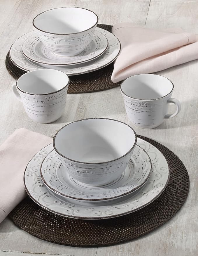 Pfaltzgraff Trellis White 16-Piece Stoneware Dinnerware Set, Service for 4, Distressed White Finish, Microwave & Dishwasher Safe Plates and Bowls
