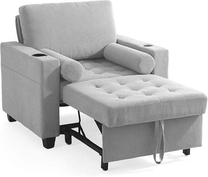 UIXE 3-in-1 Sleeper Sofa Chairs Set of 2, Pull Out Sofa Bed Convertible Reclining Seat Upholstered Armchair, Adjustable Backrest Recliner Chair with Side Pockets, Cup Holder & USB Ports - Light Gray