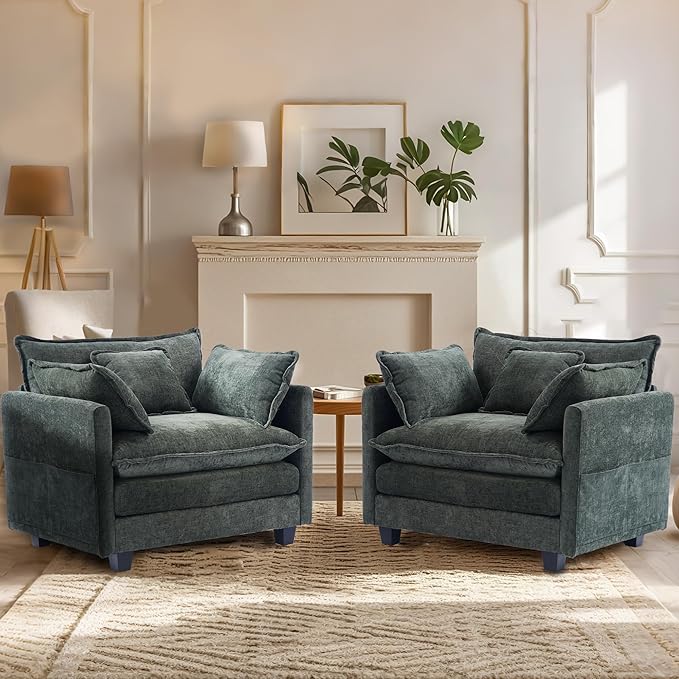 SweetGO corporation 40" Chenille Lounge Chair for Reading, Modern Couch Cozy Sofa Bed, Upholstered Living Room Single Sofa Accent Chair with Ottoman Set of 2, Green