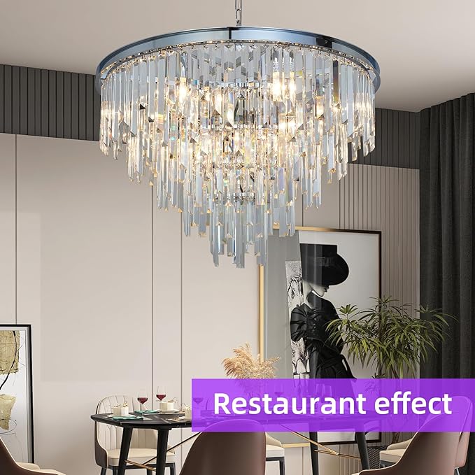 Chrome Top K9 Crystal Chandelier Modern Lighting Fixture, 16 Lights Round K9 Crystal Adjustable Hanging Lamp for Dining Room Bedroom Living Room,Hallway,Bar,Kitchen W31''