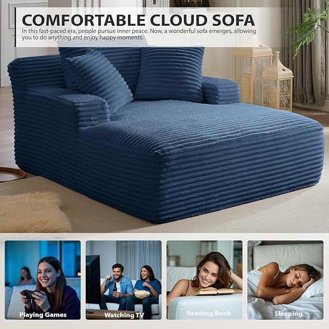 Oversized Chaise Lounge Chair Indoor, Corduroy Sofa Bed with Throw Pillows, Cozy Cloud Couch, Upholstered Sleeper Sofa Couch for Living Room, Bedroom, Apartment, Blue