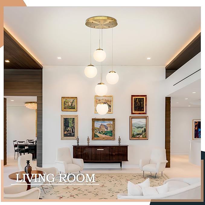 KoKo&Yukina 5-Light Globe Glass Pendant Light Adjustable Length Pendant Lights Fixtures Modern Gold Chandelier with Milky White Glass Ceiling Lights for Foyer Hallway Bedroom (Bulb & Remote Incl.)