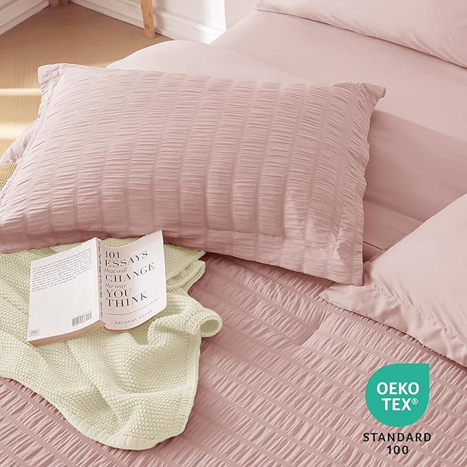 MUXHOMO 7 Pieces King Comforter Set, Seersucker Bed in a Bag King Size, All Season Luxury Bedding Set with Comforter, Flat Sheet, Fitted Sheet, Pillowcases & Shams, Rose Gold