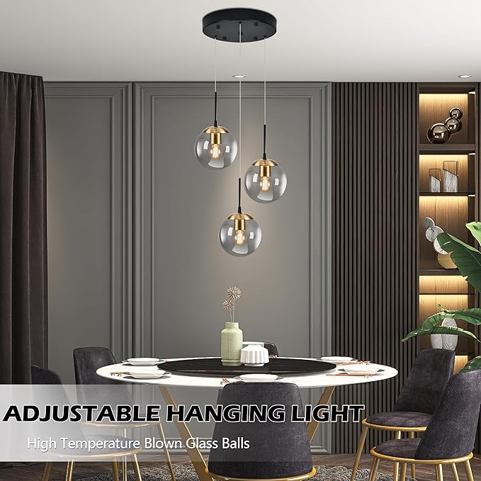 KoKo&Yukina Gold 3-Light Globe Pendant Light Modern Globe Chandelier Light Fixture Hanging Lights Adjustable with Grey Glass Pendant Lights Kitchen Island