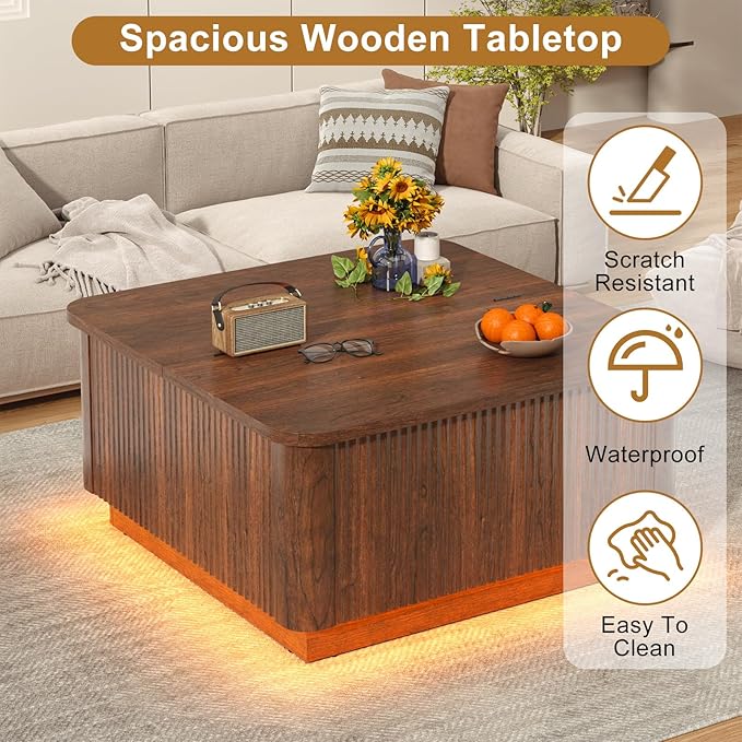 Lift Top Coffee Table with Storage,Wood Square Coffee Tables W/6000-Colors Lighting,Multi-Function Groove Texture Center Table W/Large Hidden Space for Living Room,Bedroom,Home,Office(Walnut)