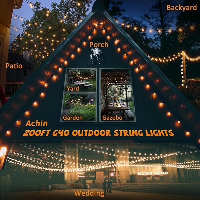 Achin 200FT Outdoor String Lights G40 Globe Patio Lights Waterproof Outdoor Hanging Lights with 104 Shatterproof LED Bulbs Dimmable String Lights for Outside Bistro Backyard Market, 100FT x 2Pack