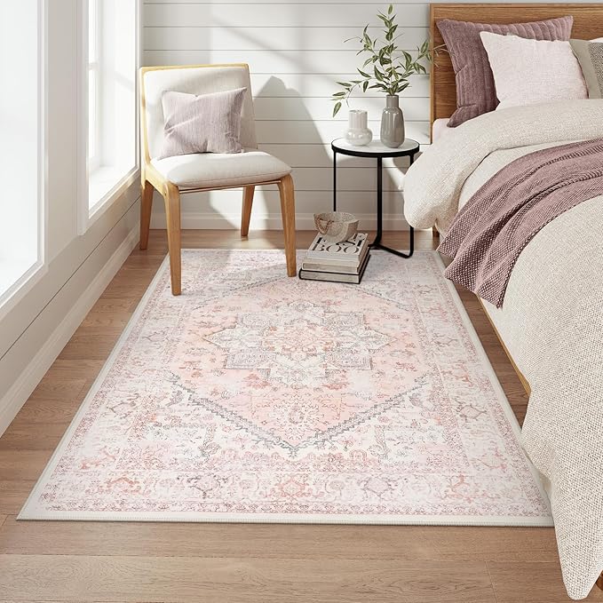 LIVEBOX Area Rug Pink 4x6 - Oriental Floral Bedroom Rug Vintage Low-Pile Indoor Rugs for Kids Room, Non-Shedding Retro Carpet, Accent Rugs for Kitchen Entryway Office Camper Pink