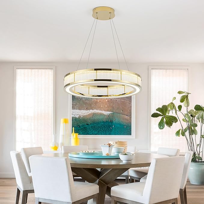 Modern Gold Led Pendant Light,50W Dimmable LED Chandelier Lighting Fixture, 1 Ring Circular Hanging Led Pendant Lighting for Living Room Dining Room Kitchen Island Foyer Office