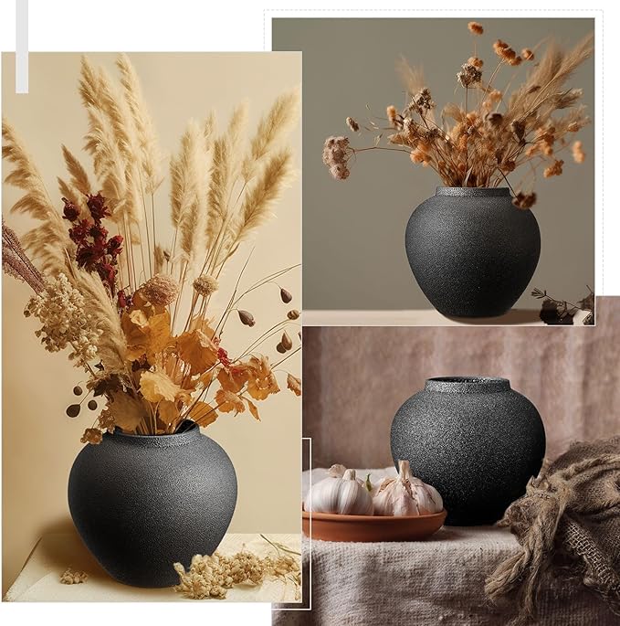 Black Ceramic Decorative Flower Vase 8.27" x 8.66" Textured Round Rustic Pottery Vintage Large Vase for Home Decor Centerpieces Living Room Christmas Decoration
