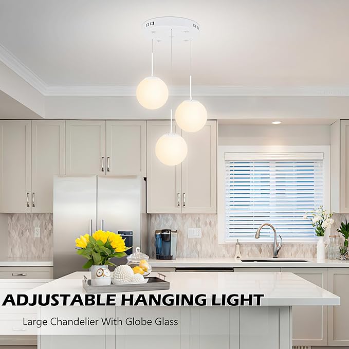 KoKo&Yukina Globe Pendant Light 3 Light White Globe Pendant Lights Kitchen Island Mid Century Light Fixture with Milky White Glass Shade for Dining Room Living Room