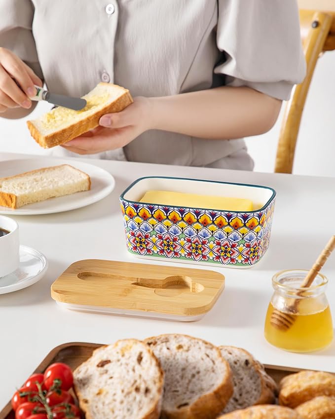 vancasso SIMI Butter Dish with Lid, 6.5" Large Butter Dish for Countertop, Bohemian Ceramic Butter Keeper Container with Knife and Bamboo Lid, Butter Holder for Counter, Golden Bloom