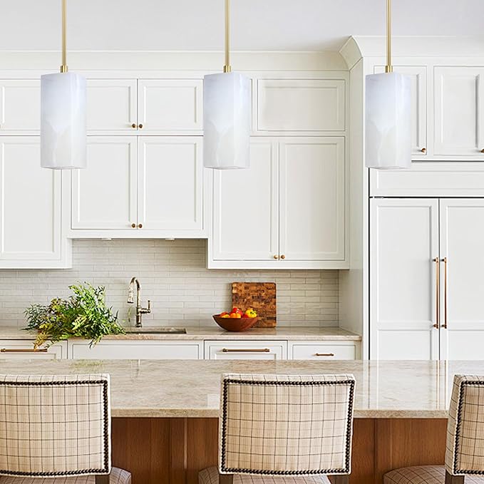 1 Light Modern Industrial Farmhouse Hanging Kitchen Island Pendant Ceiling Light Fixture,Square Cylinder Natural Alabaster Marble Brushed Bronze Finish Over Sink Restaurant bar Corridor