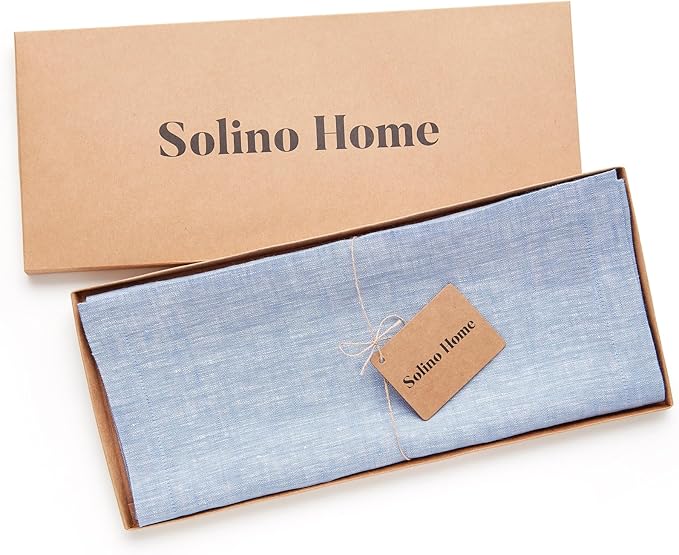 Solino Home Linen Table Runner 144 Inches Long - Athena, 100% Pure Linen Chambray Blue 14 x 144 Inch Table Runner for Dining, Christmas
